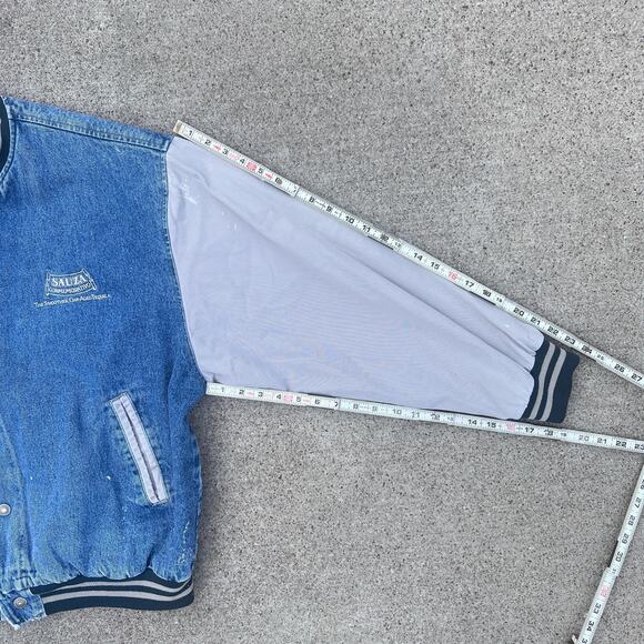 Vintage 90s Denim Jean Varsity Bomber Jacket Swingster | Size XL - Picture 4 of 11